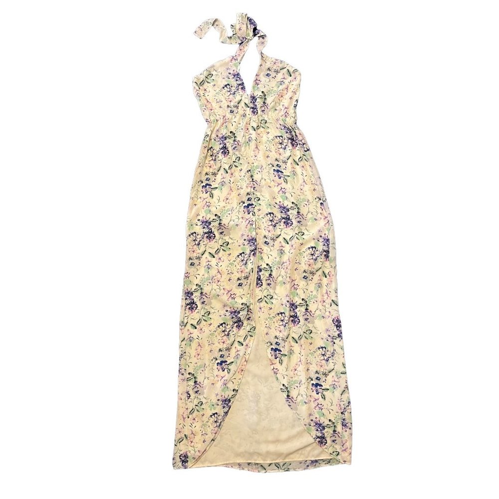 $320 Helena Quinn M Maxi Dress Mariella Slit Long Ivory Halter Floral Sundress - Picture 2 of 7